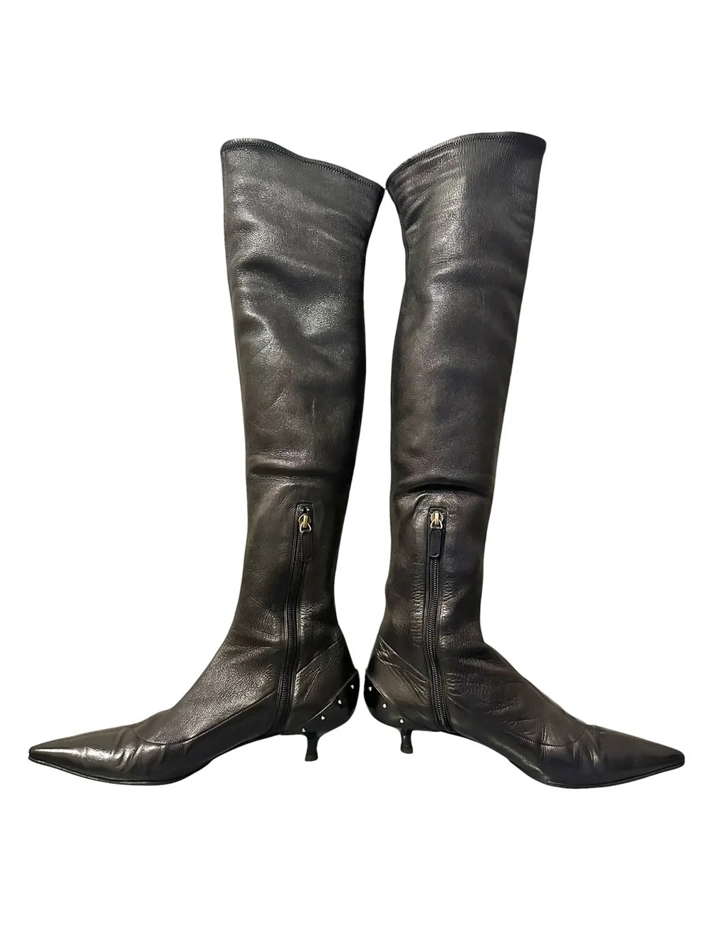 GUCCI TOM FORD FW 2003 Runway Black Leather Studded Kitten Heel OTK Boots 37